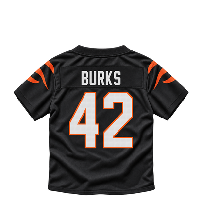 Cincinnati Bengals jersey keychain — Oren Burks #42. Exact saved player artwork preview.