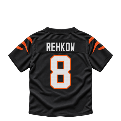 Cincinnati Bengals jersey keychain — Ryan Rehkow #8. Exact saved player artwork preview.