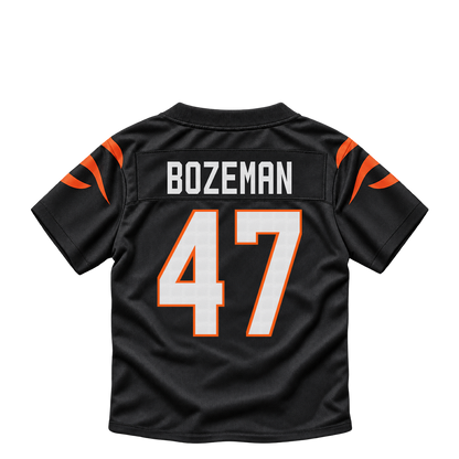 Cincinnati Bengals jersey keychain — Swayze Bozeman #47. Exact saved player artwork preview.