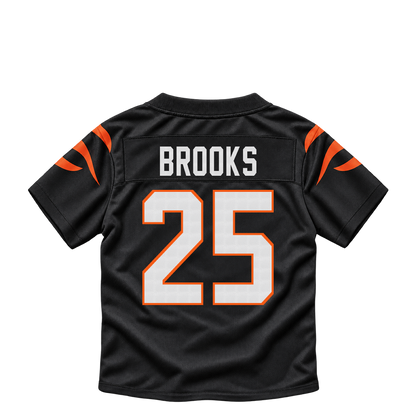 Cincinnati Bengals jersey keychain — Tahj Brooks #25. Exact saved player artwork preview.