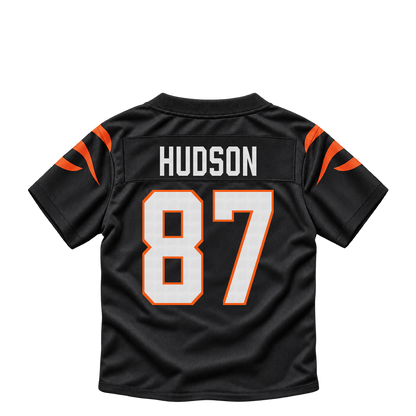 Cincinnati Bengals jersey keychain — Tanner Hudson #87. Exact saved player artwork preview.