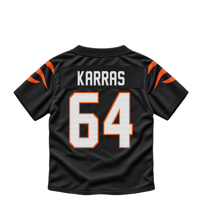 Cincinnati Bengals jersey keychain — Ted Karras #64. Exact saved player artwork preview.