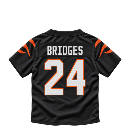 Cincinnati Bengals jersey keychain — Trikweze Bridges #24. Exact saved player artwork preview.
