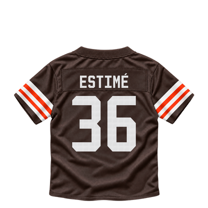 Cleveland Browns jersey keychain — Audric Estimé #36. Exact saved player artwork preview.
