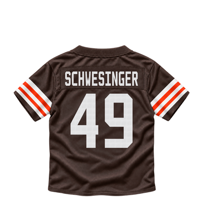 Cleveland Browns jersey keychain — Carson Schwesinger #49. Exact saved player artwork preview.