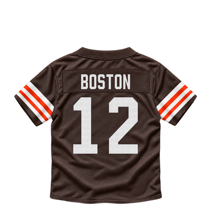 Cleveland Browns jersey keychain — Denzel Boston #12. Exact saved player artwork preview.