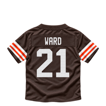 Cleveland Browns jersey keychain — Denzel Ward #21. Exact saved player artwork preview.
