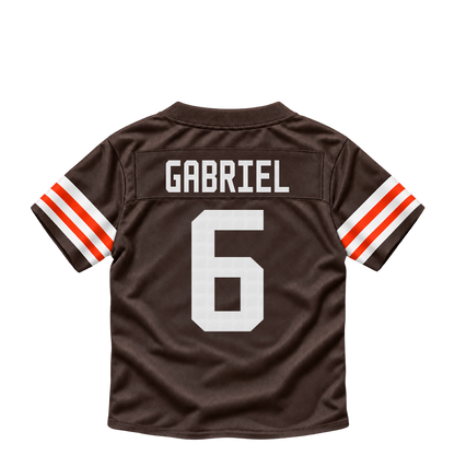 Cleveland Browns jersey keychain — Dillon Gabriel #6. Exact saved player artwork preview.