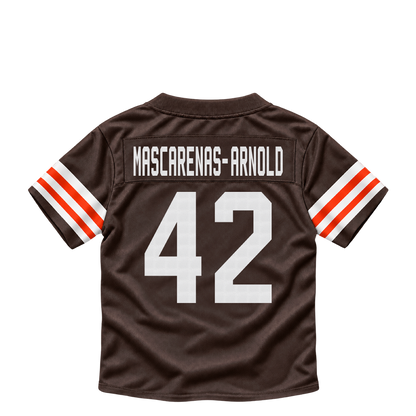 Cleveland Browns jersey keychain — Easton Mascarenas-Arnold #42. Exact saved player artwork preview.