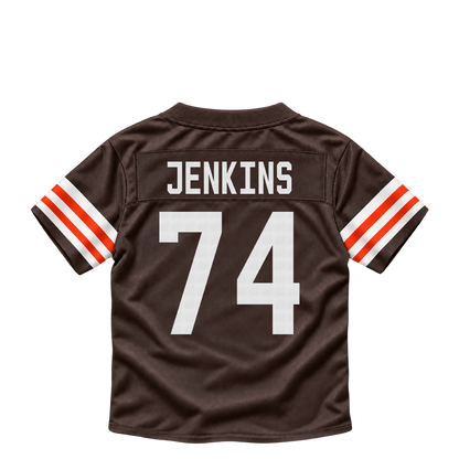 Cleveland Browns jersey keychain — Elgton Jenkins #74. Exact saved player artwork preview.