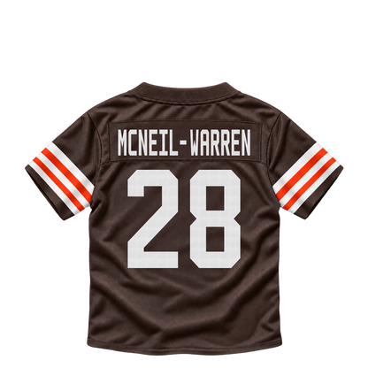 Cleveland Browns jersey keychain — Emmanuel McNeil-Warren #28. Exact saved player artwork preview.