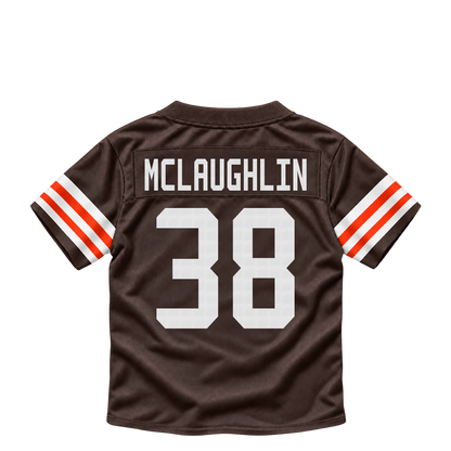 Cleveland Browns jersey keychain — Jaleel McLaughlin #38. Exact saved player artwork preview.