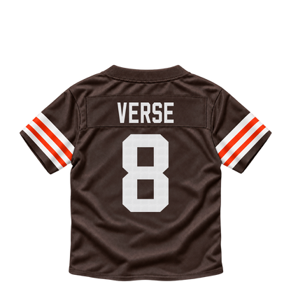 Cleveland Browns jersey keychain — Jared Verse #8. Exact saved player artwork preview.