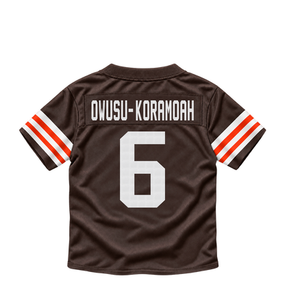 Cleveland Browns jersey keychain — Jeremiah Owusu-Koramoah #6. Exact saved player artwork preview.