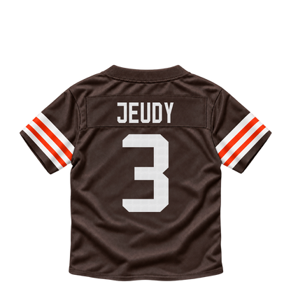 Cleveland Browns jersey keychain — Jerry Jeudy #3. Exact saved player artwork preview.