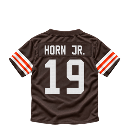 Cleveland Browns jersey keychain — Jimmy Horn Jr. #19. Exact saved player artwork preview.