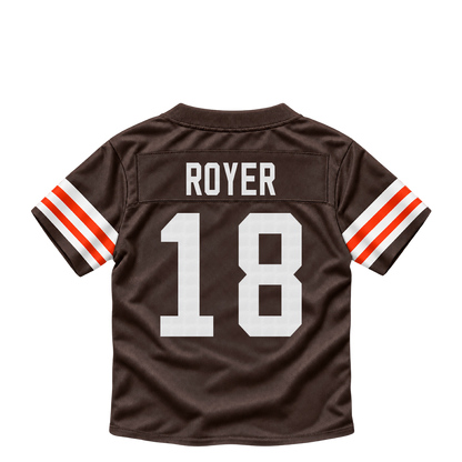 Cleveland Browns jersey keychain — Joe Royer #18. Exact saved player artwork preview.