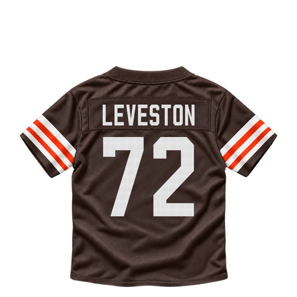 Cleveland Browns jersey keychain — KT Leveston #72. Exact saved player artwork preview.