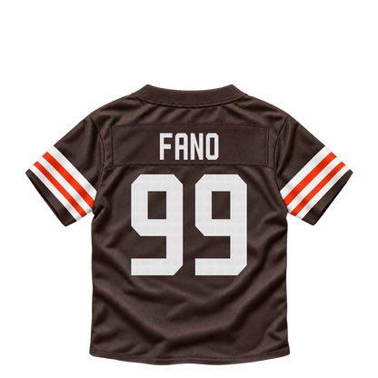 Cleveland Browns jersey keychain — Logan Fano #99. Exact saved player artwork preview.