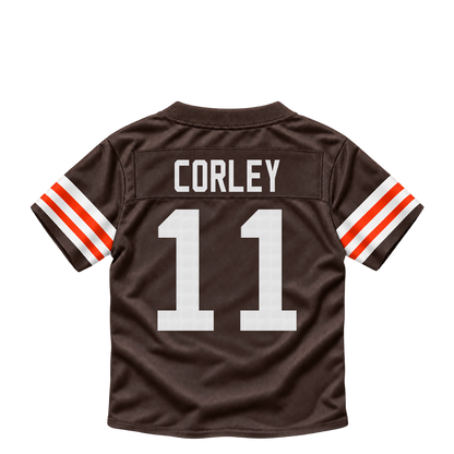 Cleveland Browns jersey keychain — Malachi Corley #11. Exact saved player artwork preview.