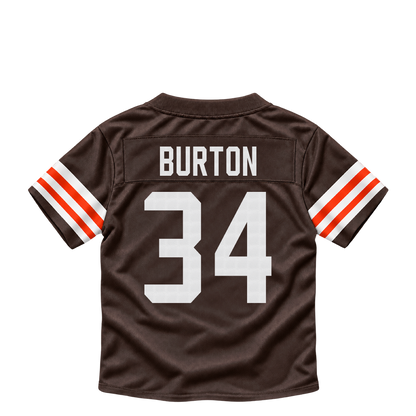Cleveland Browns jersey keychain — Michael Burton #34. Exact saved player artwork preview.
