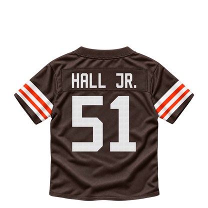Cleveland Browns jersey keychain — Mike Hall Jr. #51. Exact saved player artwork preview.