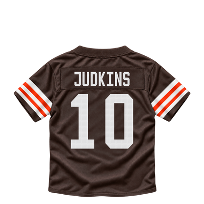 Cleveland Browns jersey keychain — Quinshon Judkins #10. Exact saved player artwork preview.