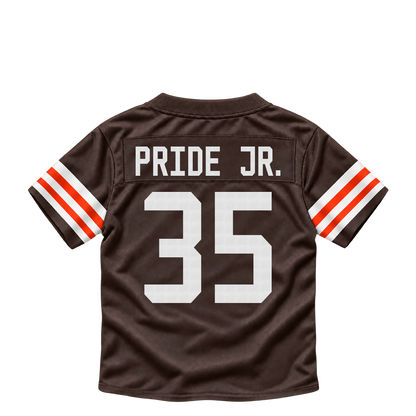 Cleveland Browns jersey keychain — Toriano Pride Jr. #35. Exact saved player artwork preview.