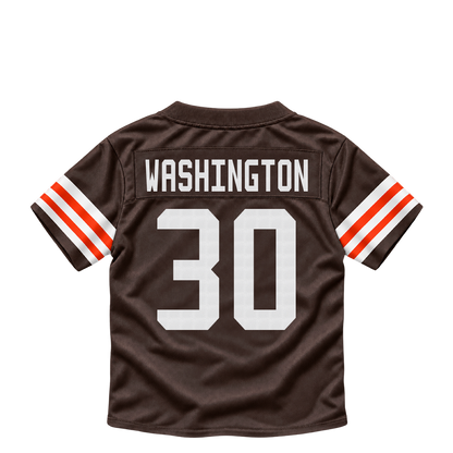 Cleveland Browns jersey keychain — Zion Washington #30. Exact saved player artwork preview.