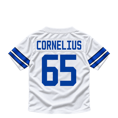 Dallas Cowboys jersey keychain — Ajani Cornelius #65. Exact saved player artwork preview.
