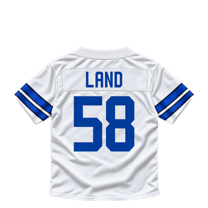 Dallas Cowboys jersey keychain — Isaiah Land #58. Exact saved player artwork preview.