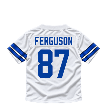 Dallas Cowboys jersey keychain — Jake Ferguson #87. Exact saved player artwork preview.