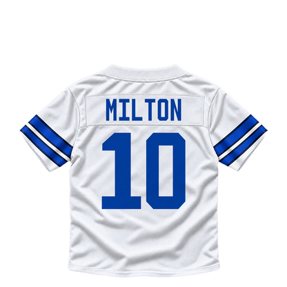 Dallas Cowboys jersey keychain — Joe Milton III #10. Exact saved player artwork preview.