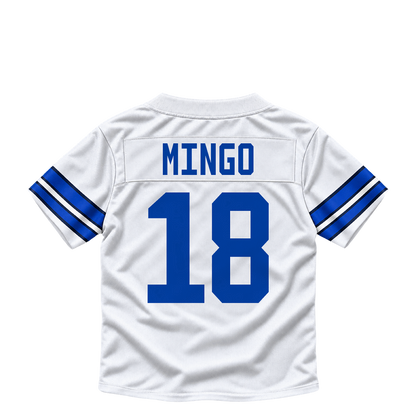 Dallas Cowboys jersey keychain — Jonathan Mingo #18. Exact saved player artwork preview.