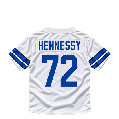 Dallas Cowboys jersey keychain — Matt Hennessy #72. Exact saved player artwork preview.