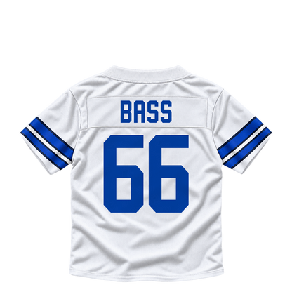 Dallas Cowboys jersey keychain — T.J. Bass #66. Exact saved player artwork preview.