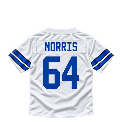 Dallas Cowboys jersey keychain — Wanya Morris #64. Exact saved player artwork preview.