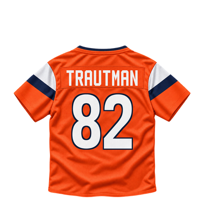 Denver Broncos jersey keychain — Adam Trautman #82. Exact saved player artwork preview.