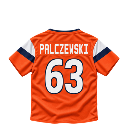 Denver Broncos jersey keychain — Alex Palczewski #63. Exact saved player artwork preview.
