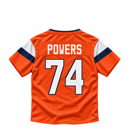 Denver Broncos jersey keychain — Ben Powers #74. Exact saved player artwork preview.