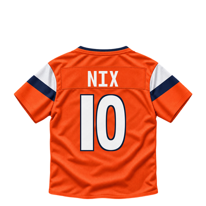 Denver Broncos jersey keychain — Bo Nix #10. Exact saved player artwork preview.