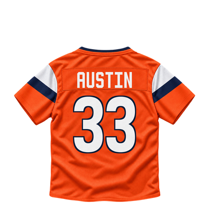 Denver Broncos jersey keychain — Brent Austin #33. Exact saved player artwork preview.