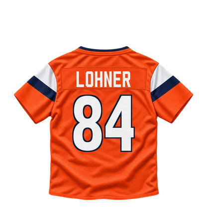 Denver Broncos jersey keychain — Caleb Lohner #84. Exact saved player artwork preview.