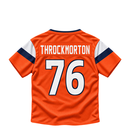 Denver Broncos jersey keychain — Calvin Throckmorton #76. Exact saved player artwork preview.