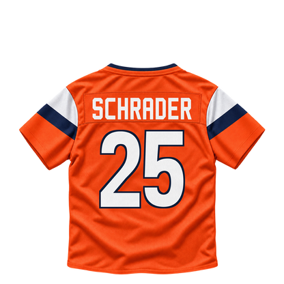 Denver Broncos jersey keychain — Cody Schrader #25. Exact saved player artwork preview.