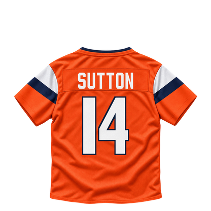 Denver Broncos jersey keychain — Courtland Sutton #14. Exact saved player artwork preview.