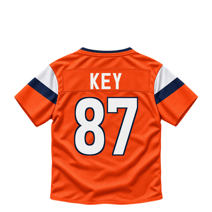 Denver Broncos jersey keychain — Dane Key #87. Exact saved player artwork preview.