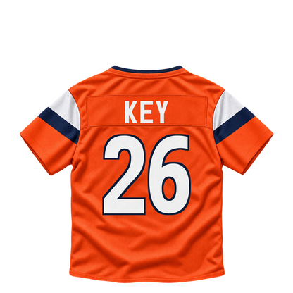 Denver Broncos jersey keychain — Devon Key #26. Exact saved player artwork preview.