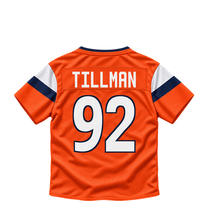 Denver Broncos jersey keychain — Dondrea Tillman #92. Exact saved player artwork preview.