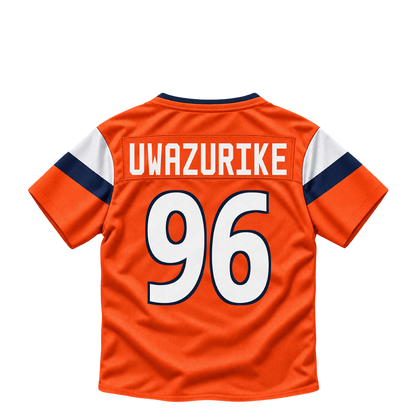 Denver Broncos jersey keychain — Eyioma Uwazurike #96. Exact saved player artwork preview.